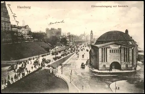 Ansichtskarte St. Pauli-Hamburg Elbtunneleingang mit Seewarte, Straße 1913