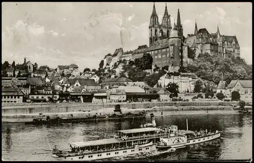 Ansichtskarte Meißen Elbe Schiff passiert Albrechtsburg und Dom 1960