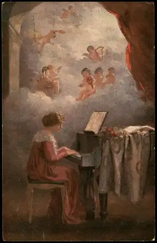 Ansichtskarte  Künstlerkarte (Art) Motiv: Frau spielt Klavier, Engel 1918