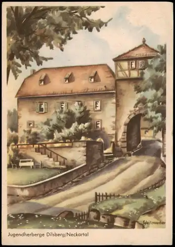 Dilsberg-Neckargemünd Jugendherberge Dilsberg/Neckartal, Künstlerkarte 1950