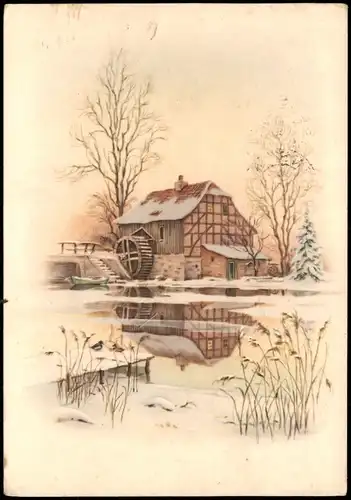 Ansichtskarte  Künstlerkarte (Art) Motiv Winter-Landschaft mit Mühle 1961