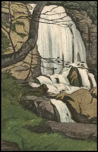 Beatushöhlen Postkrte Wasserfall im Park, Künstlerkarte Kunst (Art) 1920