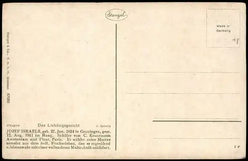 Künstlerkarte Kunst (Art) Künstler JOZEF ISRAELS Das Lieblingsgericht 1920