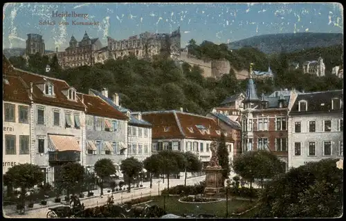 Ansichtskarte Heidelberg Kornmarkt mit Fernansicht Schloss 1920