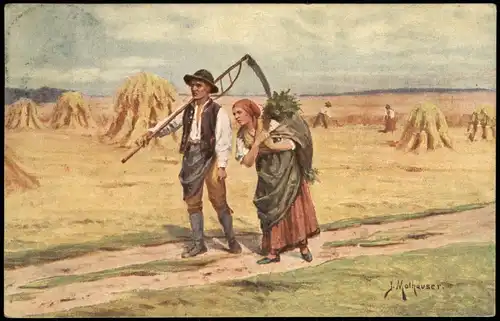Künstlerkarte Gemälde (Art) J. MATHAUSER: Vom Felde - Bauern Heuernte 1913