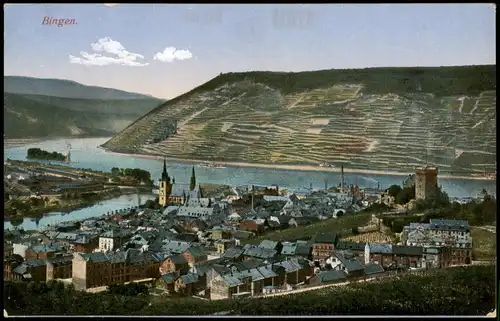 Bingen am Rhein Panorama-Ansicht Nahe-Rhein-Mündung u. Stadt 1910