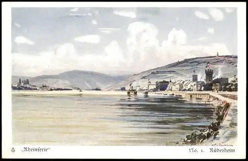 Rüdesheim (Rhein) Panorama-Ansicht Rhein Ansicht, Künstlerkarte 1900