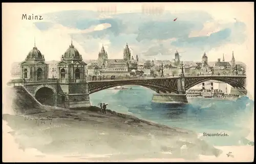 Ansichtskarte Mainz Rheinbrücke - Straßenbrücke (Künstlerkarte) 1900