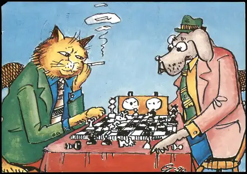 Ansichtskarte  Schach & Chess Illustration Hund u. Katze am Schachbrett 1992