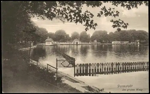 Ansichtskarte Darmstadt Am großen Woog - Schwimmanlagen 1915  gel. Feldpost
