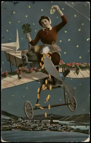 Ansichtskarte  Neujahr Sylvester New Year Frau Flugzeug Geldregen 1911