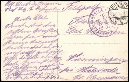 Hannover Kriegerdenkmal. 1916  gel. Feldpoststempel Lazarett Bremen