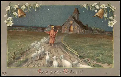 Glückwunsch Ostern / Easter Kirche Jesus Lämmer 1912 Prägekarte