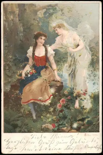 Ansichtskarte  Künstlerkarte Junge Frau und Fee im Wald 1902