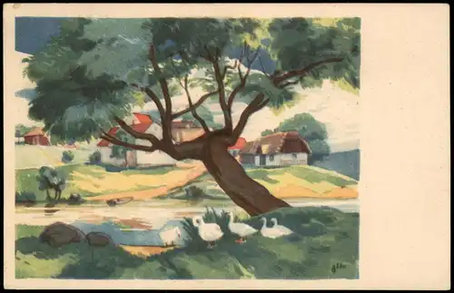 Ansichtskarte  Künstlerkarte Kunstwerk Art "Landschaft, Baum, Gänse" 1937