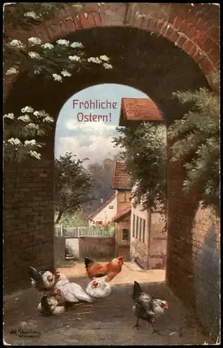 Glückwunsch Ostern / Easter Künstlerkarte Hahn und Hennen in der Stadt 1908
