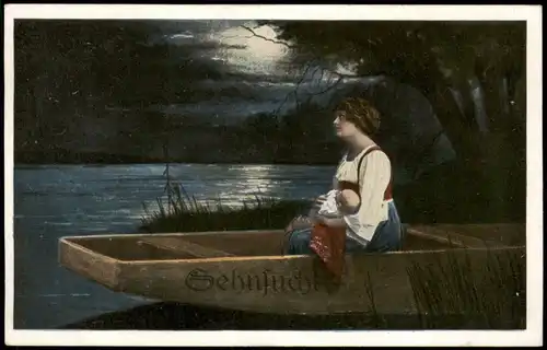 Ansichtskarte  Künstlerkarte Sehnsucht Frau auf dem See bei Mondschein 1915