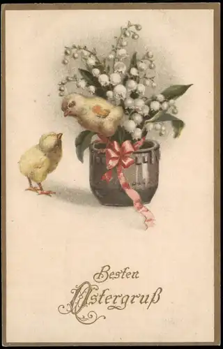 Glückwunsch Ostern / Easter Küken und Märzenbecher Künstlerkarte 1916
