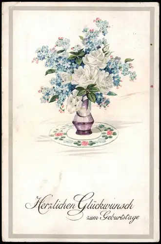 Künstlerkarte Glückwunsch Geburtstag Birthday Vase mit Feilchen 1921