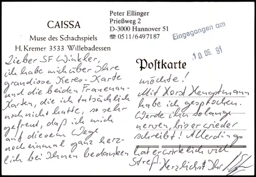 Muse des Schachspiels CAISSA Schach Chess - Spiel vw Fernschach 1991