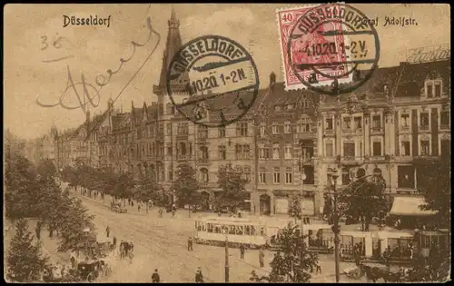 Ansichtskarte Düsseldorf Graf Adolfstraße, Straßenbahn, Geschäfte 1920