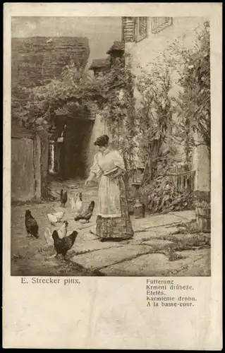 Künstlerkarte Kunstwerk Art Künstler E. Strecker pinx. Fütterung 1920