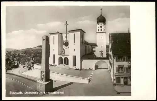 Ansichtskarte Stockach Stadtkirche m. Kriegerdenkmal - Fotokarte 1932