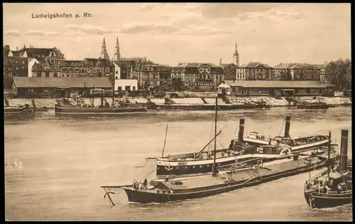 Ansichtskarte Ludwigshafen Dampfer, Hafen und Stadt 1922