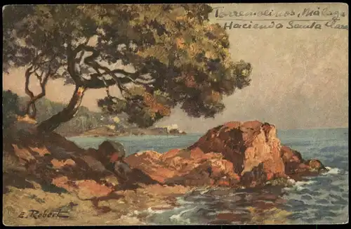 Künstlerkarte Gemälde (Art) Küstenabschnitt am Meer (vermtl. Spanien) 1927