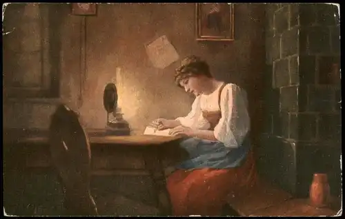 Künstlerkarte Kunst Art Motiv: Brief schreibende Frau bzw. Mädchen 1920