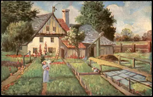 Künstlerkarte Gemälde Kunstwerk "Garten-Arbeit am Wohnhaus" 1920