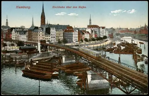 Ansichtskarte Hamburg Hochbahn über den Hafen. 1914