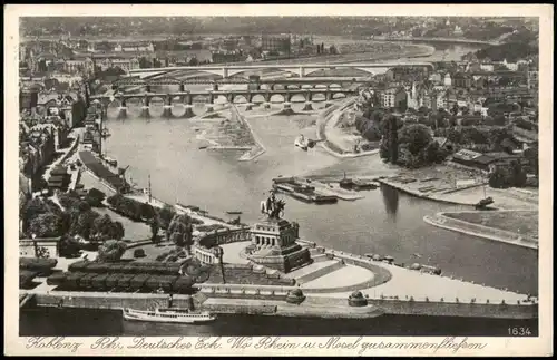 Ansichtskarte Koblenz Deutsches Eck - Fernsicht mit Brücken 1938