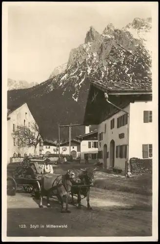 Ansichtskarte Mittenwald Straßenpartie, Idyll - Ochsenkarren 1928