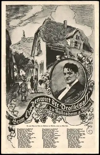 Rüdesheim (Rhein) Beim Lindenwirt Drosselgasse - Künstlerkarte 1924