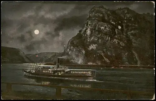 Ansichtskarte St. Goarshausen Loreleyfelsen, Rhein und Dampfer Mondschein 1912
