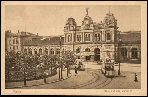 Ansichtskarte Mainz Bahnhof, Straßenbahn 1928