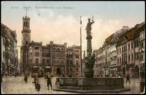 Ansichtskarte Zittau Marktplatz, Roland - Straßenbahn 1923