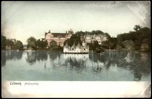 Ansichtskarte Lübeck Mühlenteich, Schwanenhaus 1915