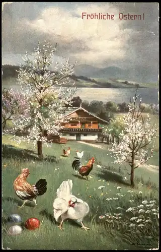 Ansichtskarte Grusskarte Glückwunsch Ostern Easter 1908 gel Stempel ESSLINGEN