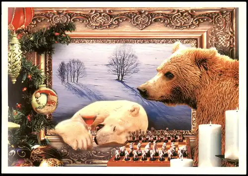 Ansichtskarte  Schach Motivkarte Chess themed card Bären am Schachbrett 1990