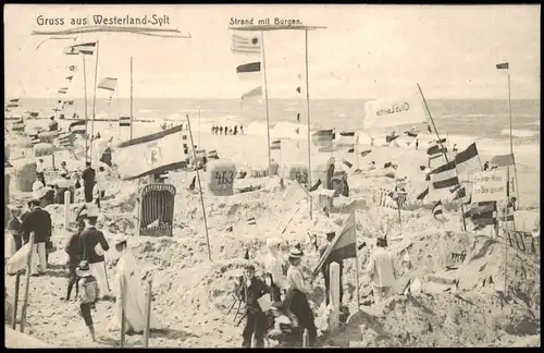 Ansichtskarte Westerland-Sylt Strand mit Burgen, Badeleben 1908