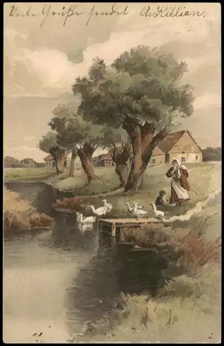 Ansichtskarte  Künstlerkarte (Art) Motiv Landschaft, Personen mit Enten 1910