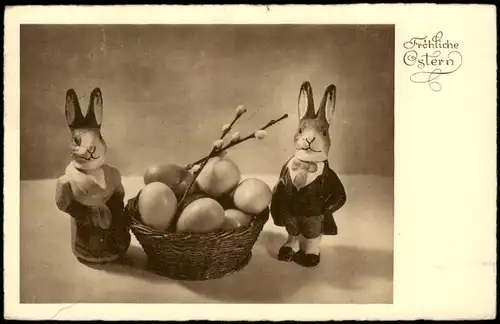Ansichtskarte  Glückwunsch Ostern (Easter) Osterhasen mit Ostereier Nest 1934