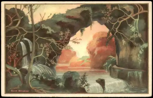 Künstlerkarte (Art) aus Italien; Motiv: Fluss, kleiner Wasserfall 1920
