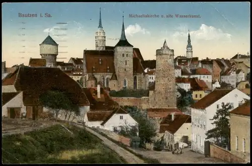 Ansichtskarte Bautzen Budyšin Michaeliskirche u. alte Wasserkunst. 1917