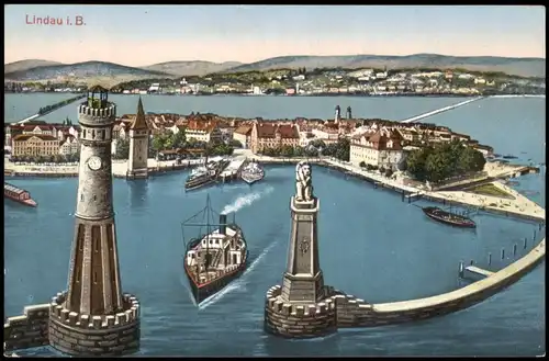 Ansichtskarte Lindau (Bodensee) Hafen Dampfer Stadt 1912