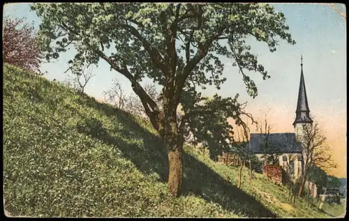 Ansichtskarte  Stimmungsbild: Ort Baum und Wiese Kirche, Photochromie 1913