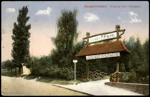Ansichtskarte Sangerhausen Stadtpark, Eingang 1918  gel. Feldpost