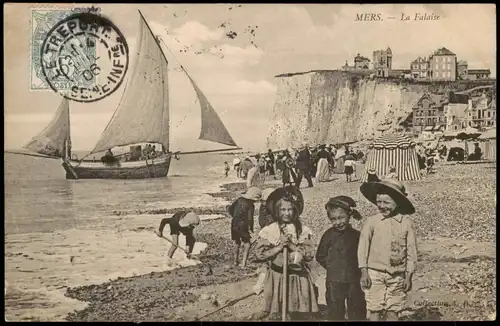 CPA Mers-les-Bains La Falaise Kinder am Strand Segelboot 1906
